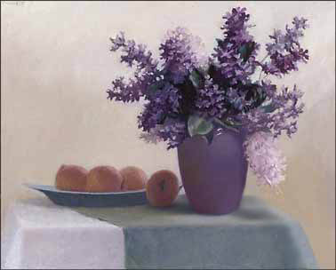 Lilacs & Peaches, Oil Painting by Boston Artist, Melody Phaneuf captures colors of spring